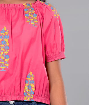 Girls Pink Printed Cotton Top