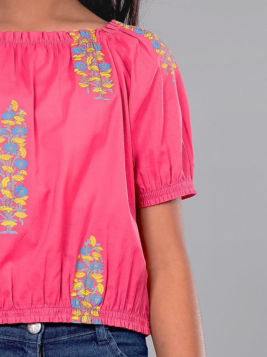 Girls Pink Printed Cotton Top