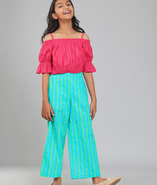 Girls Pink and Green Cotton Top & Palazzo Set