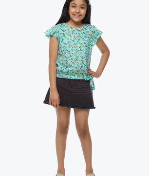 Girls Blue Printed Cotton Top