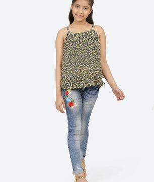 Girls Black Printed Georgette Top