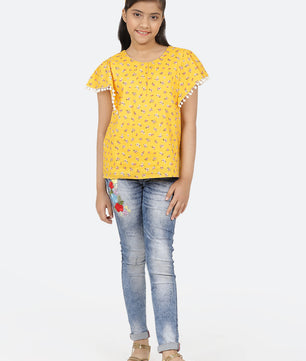 Girls Yellow Printed Cotton Top