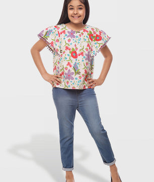Girls Floral Print Cotton Top