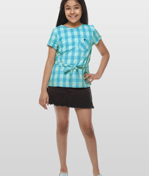 Girls Turquoise Blue Checked Cotton Top