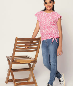 Girls Pink Printed Cotton Top