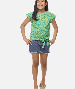 Girls Sea Green Printed Cotton