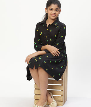 Girls Shirt Style Long Sleeves Dress in Cotton