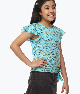 Girls Blue Printed Cotton Top