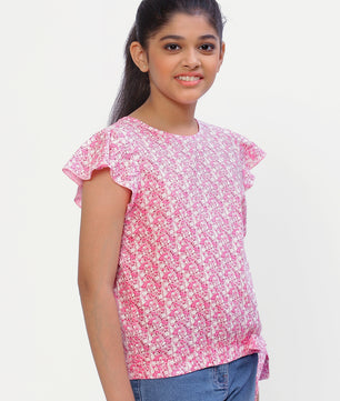Girls Pink Printed Cotton Top
