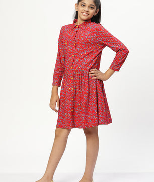 Girls Shirt Style Long Sleeves Dress in Rayon