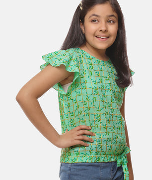 Girls Sea Green Printed Cotton