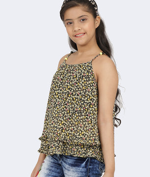Girls Black Printed Georgette Top