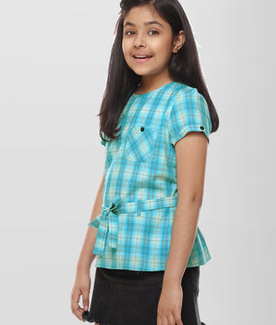 Girls Turquoise Blue Checked Cotton Top