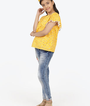 Girls Yellow Printed Cotton Top