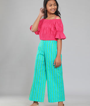 Girls Pink and Green Cotton Top & Palazzo Set
