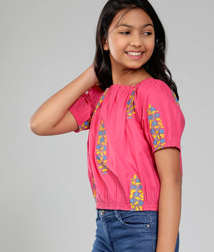 Girls Pink Printed Cotton Top